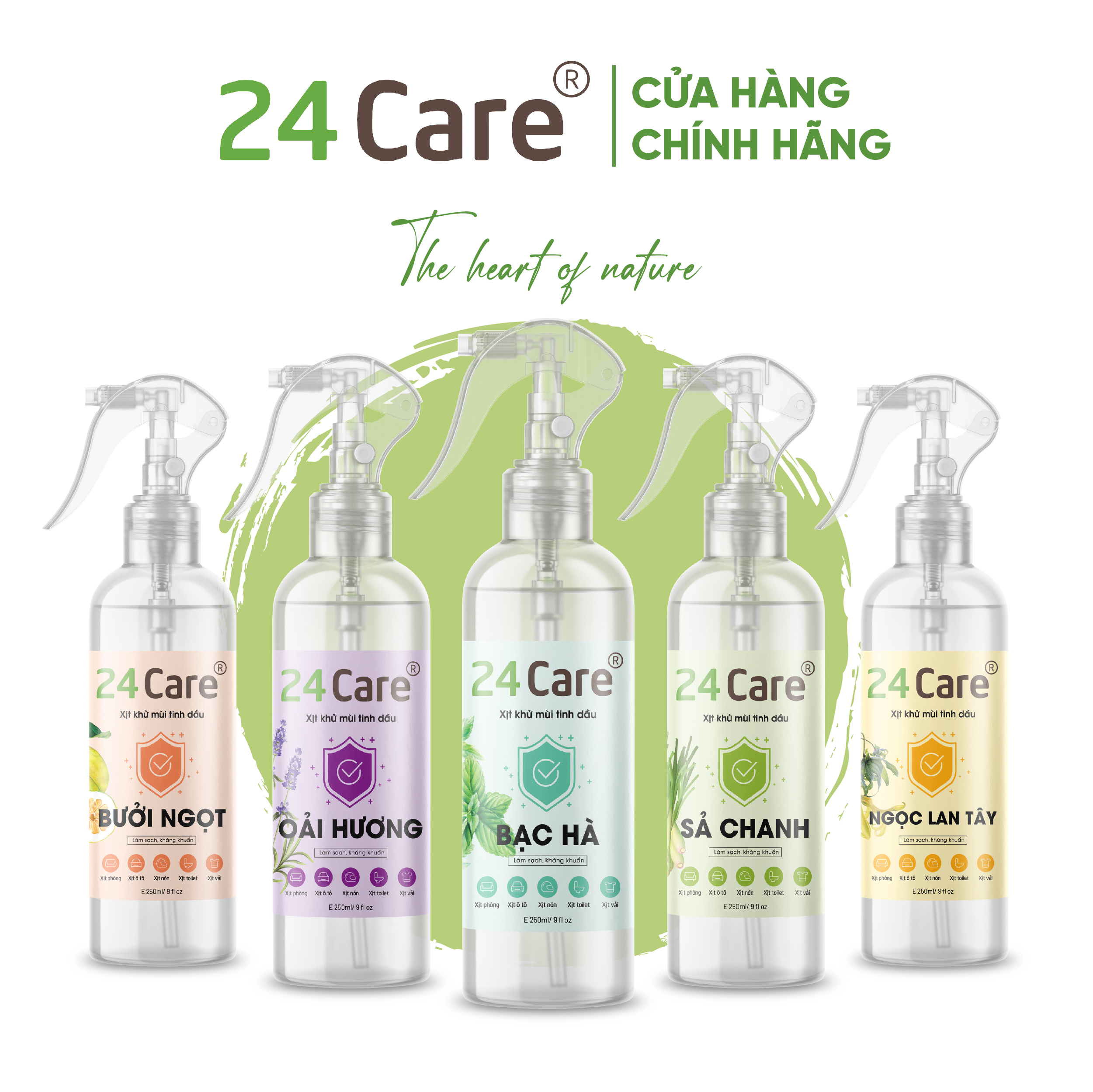 Xịt Phòng Tinh Dầu Hữu Cơ Organic 24Care - Kháng khuẩn - Khử mùi hôi - Đuổi muỗi, kiến ba khoan - côn trùng - Hương thơm thư giãn. 