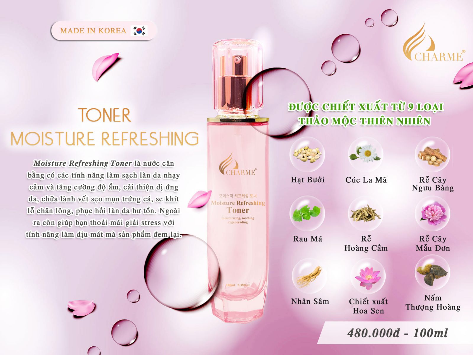 Nước hoa hồng dưỡng ẩm, Charme Moisture Refreshing, dòng toner sạch da, sạch bã nhờn, 100ml