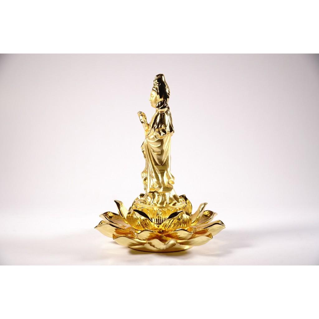 Tượng phật Quan Thế Âm Bồ Tát đứng đài sen đồng đặt xe - Cao 15cm