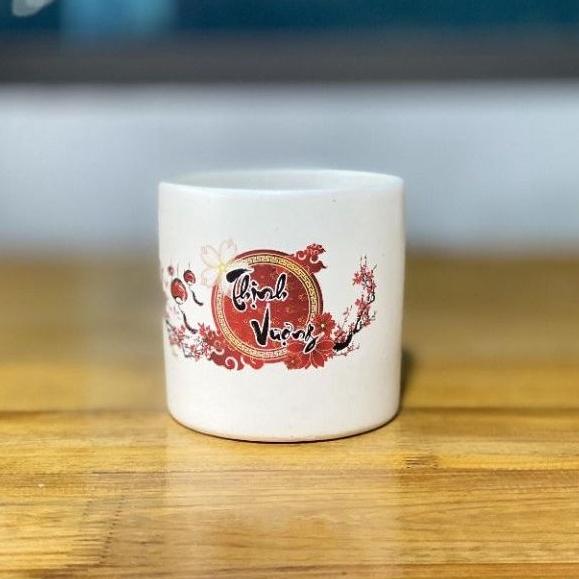 Chậu sứ trồng cây hình trụ in hình kèm đĩa hứng nước siêu xinh xắn