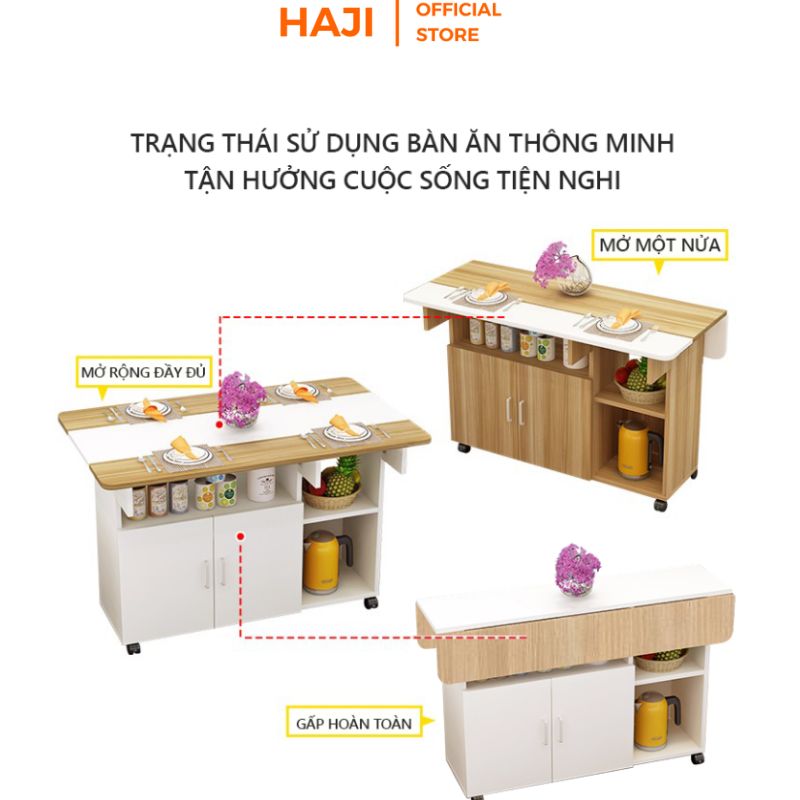 Bàn ăn thiết kế thông minh gấp gọn có bánh xe di động kèm hộc tủ lưu trữ đồ tiện lợi cho phòng bếp phòng khách thương hiệu Haji - GP286