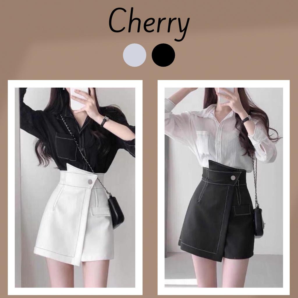 Chân váy chữ a cạp cao công sở bigsize CHERRY quần giả váy nữ sẻ tà cạp cao chỉ nổi cao cấp co giãn tốt tôn dáng V053