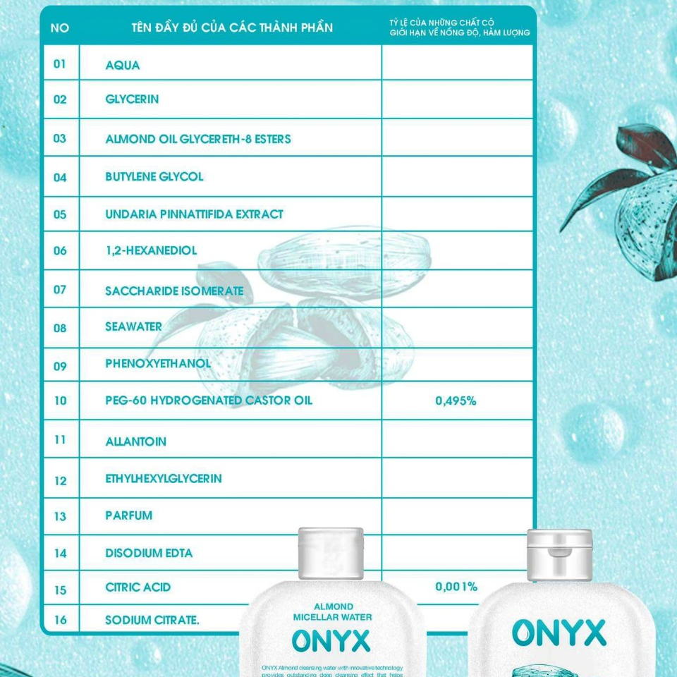 Nước Tẩy Trang Làm Sạch &amp; Dưỡng Da Hạnh Nhân ONYX Almond Micellar Water 500ml