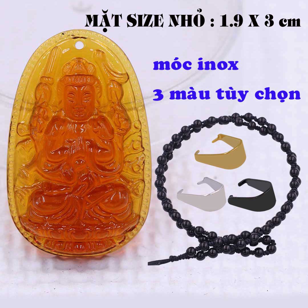 Mặt Phật Quan âm nghìn tay nghìn mắt pha lê cam 1.9cm x 3cm  kèm vòng cổ hạt chuỗi đá đen + móc inox vàng, Mặt Phật Quan âm