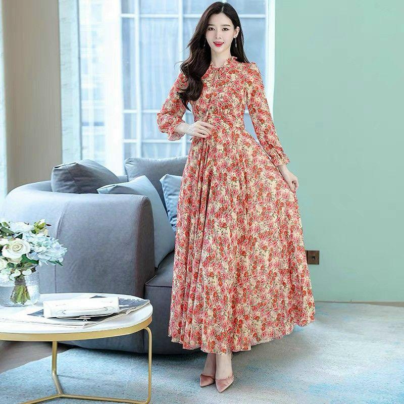 HÀNG NHẬP - ĐẦM MAXI VOAN HOA TAY DÀI CỔ BÈO THẮT DÂY NƠ