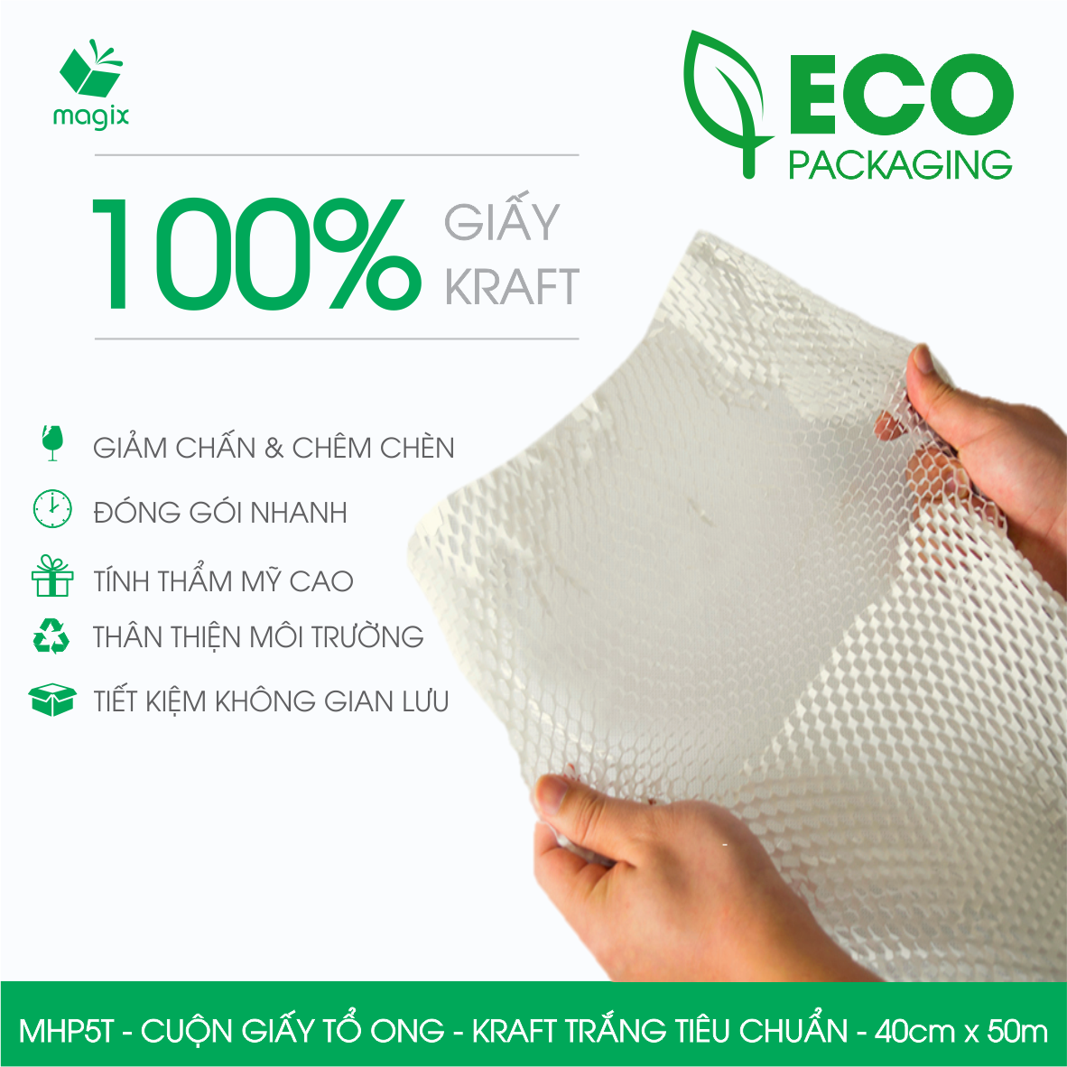 MHP5T - 40cm x 50m - Cuộn giấy tổ ong gói quà, gói hàng chống sốc - Kraft trắng kem Tiêu Chuẩn
