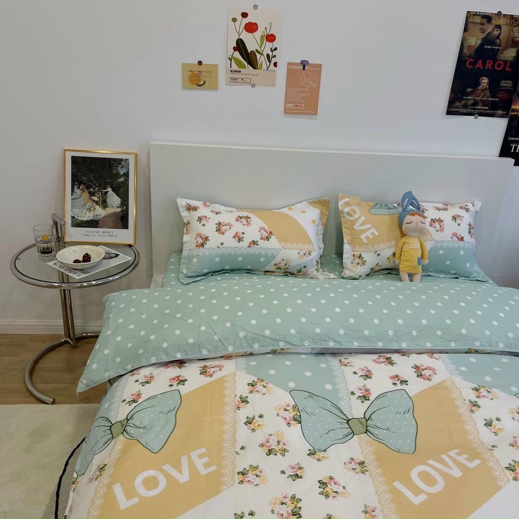 Bộ chăn ga gối Cotton Poly M2T bedding cánh hoa xanh, vỏ chăn mền, drap giường và 2 vỏ gối