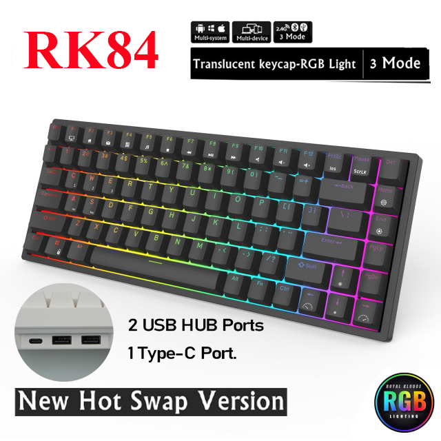 RK84 RGB HOTSWAP - Bàn phím cơ Bluetooth Royal Kludge RK84 RGB 84 phím kết nối 3 chế độ Có dây/Bluetooth/Receiver 2.4G - Hàng chính hãng