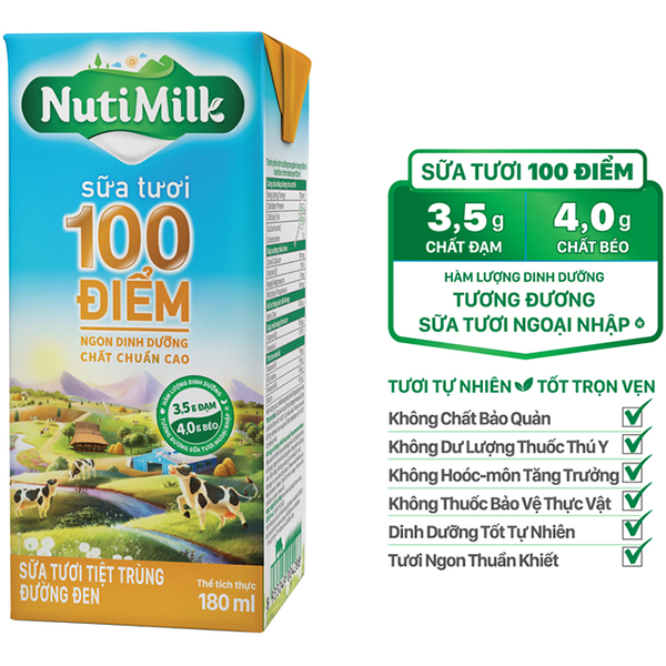 Thùng 48 hộp NutiMilk Sữa tươi 100 điểm - Sữa tươi tiệt trùng Đường đen hộp 180ml