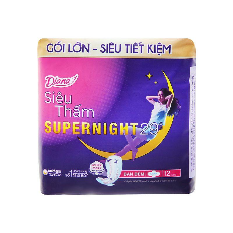 Băng Vệ Sinh Ban Đêm Diana Super Night Có Cánh 29cm Gói 12 Miếng-8934755010316