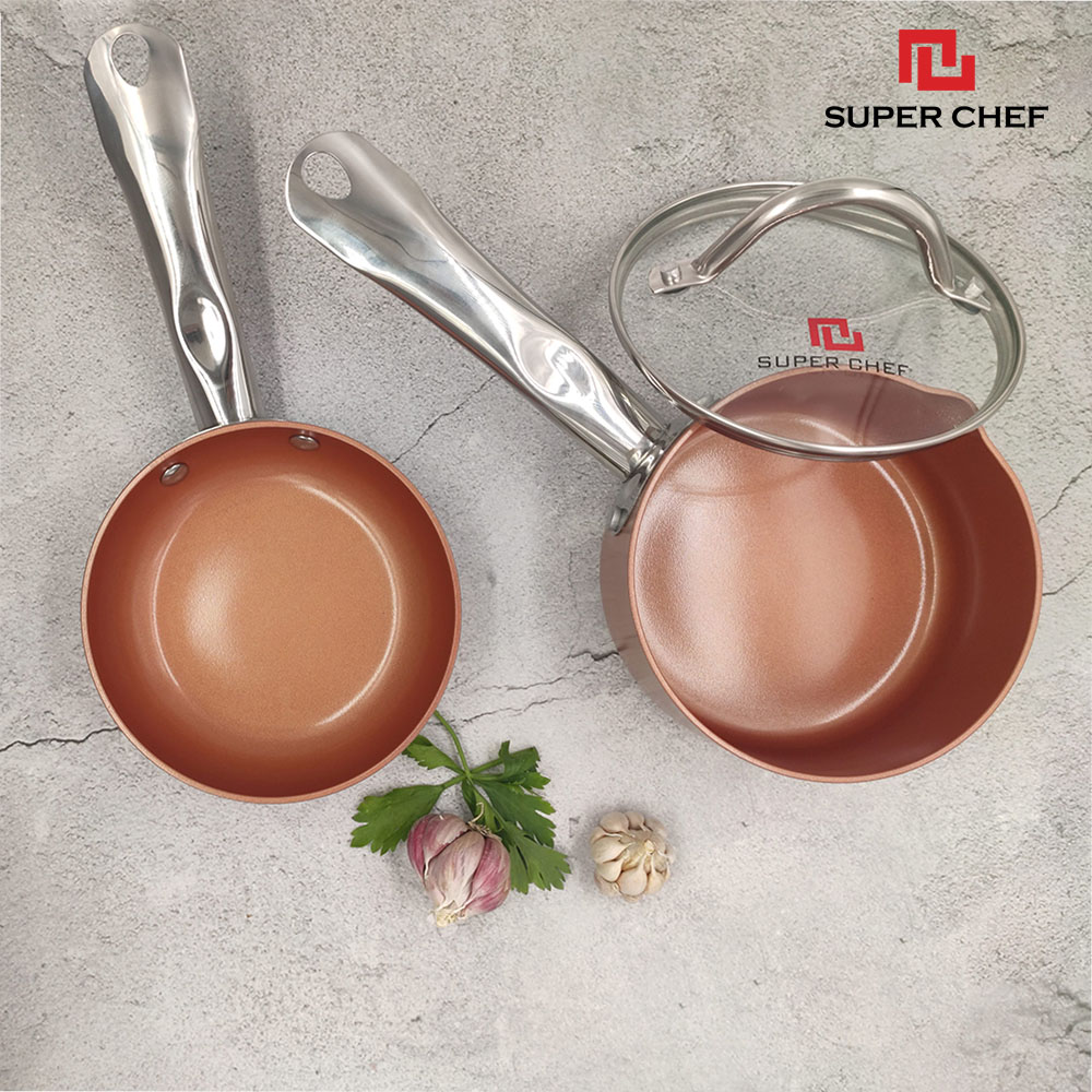 Bộ Chảo Nồi Nấu Cháo Cho Bé Super Chef Công Nghệ Ceramic An Toàn Sức Khỏe, Chống Dính Tốt, Siêu Bền Bỉ Không Bị Bong Tróc, Hạn Chế Trầy Xước (14cm) Dùng Cho Bếp Gas, Hồng Ngoại