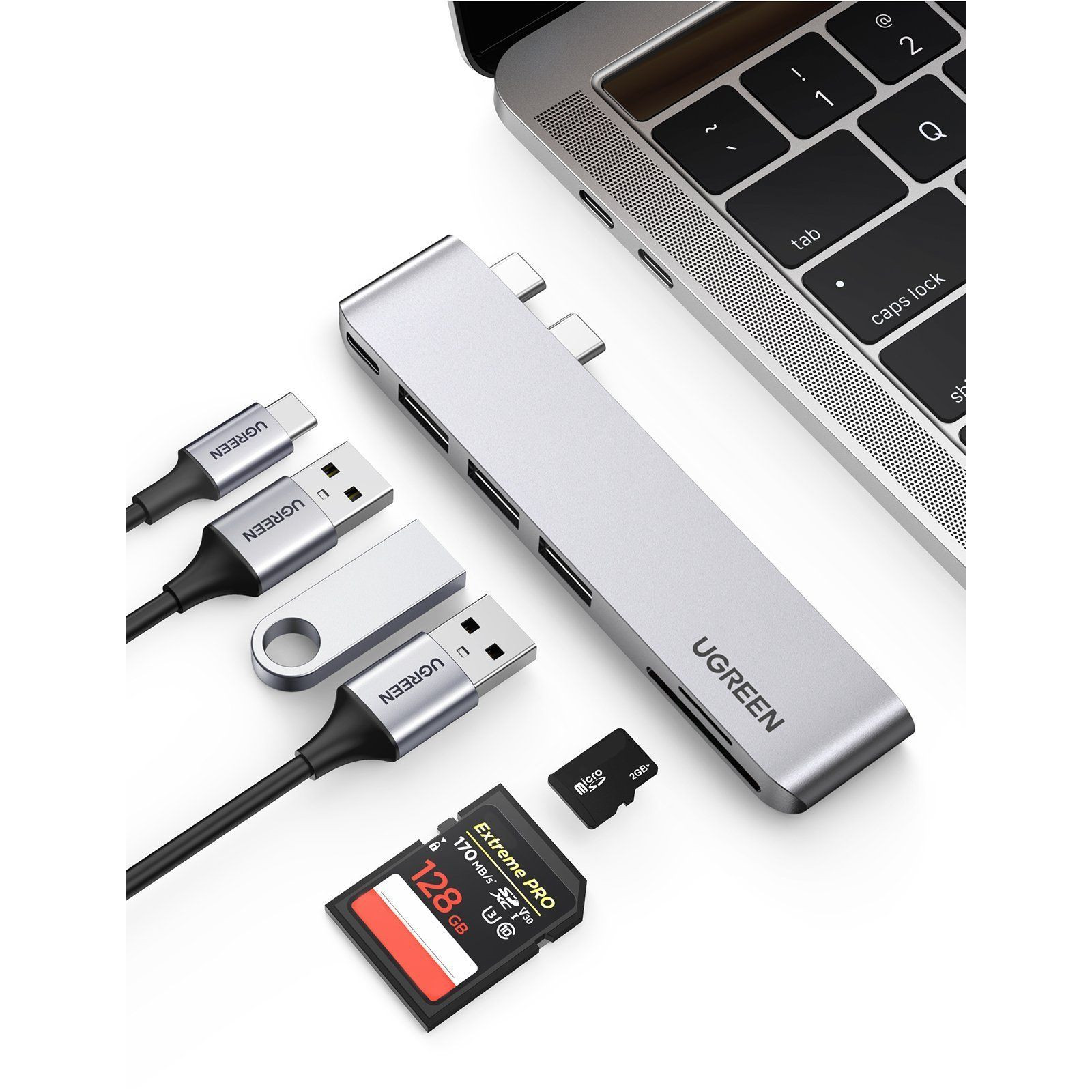 Bộ chuyển đổi macbook pro air 2 cổng USB Type C sang 3x Hub USB 3.0 + SD/TF + nguồn PD màu xám bằng nhôm Ugreen 60560 CM251 Hàng Chính Hãng