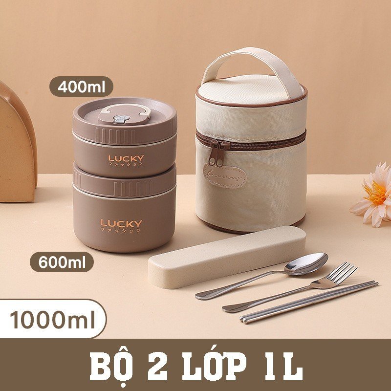 Hộp Đựng Cơm Giữ Nhiệt Lucky INOX 304 - Dung tích 1L - 2L Tặng kèm túi và Bộ dụng cụ ăn