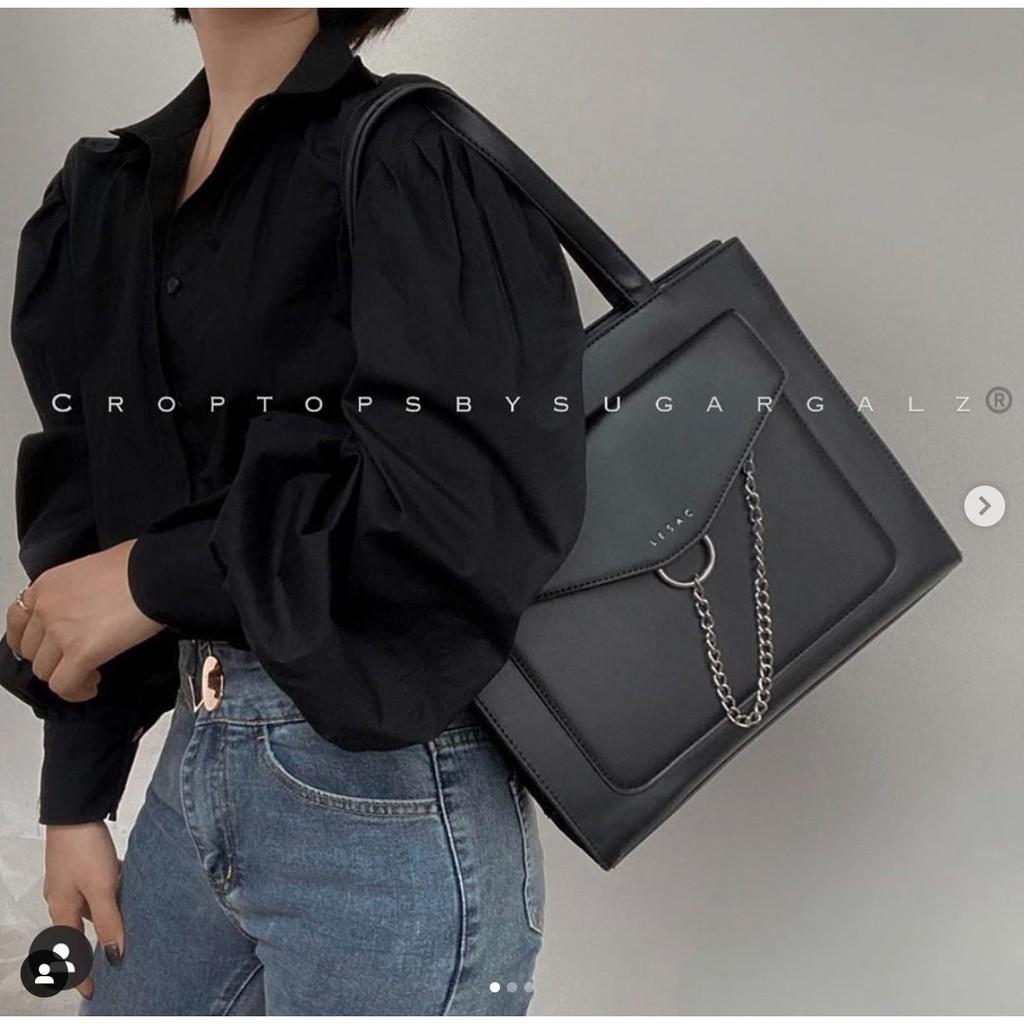 Áo croptop sơ mi tay phồng cổ V sâu chất thô chun - Sugargalz thiết kế