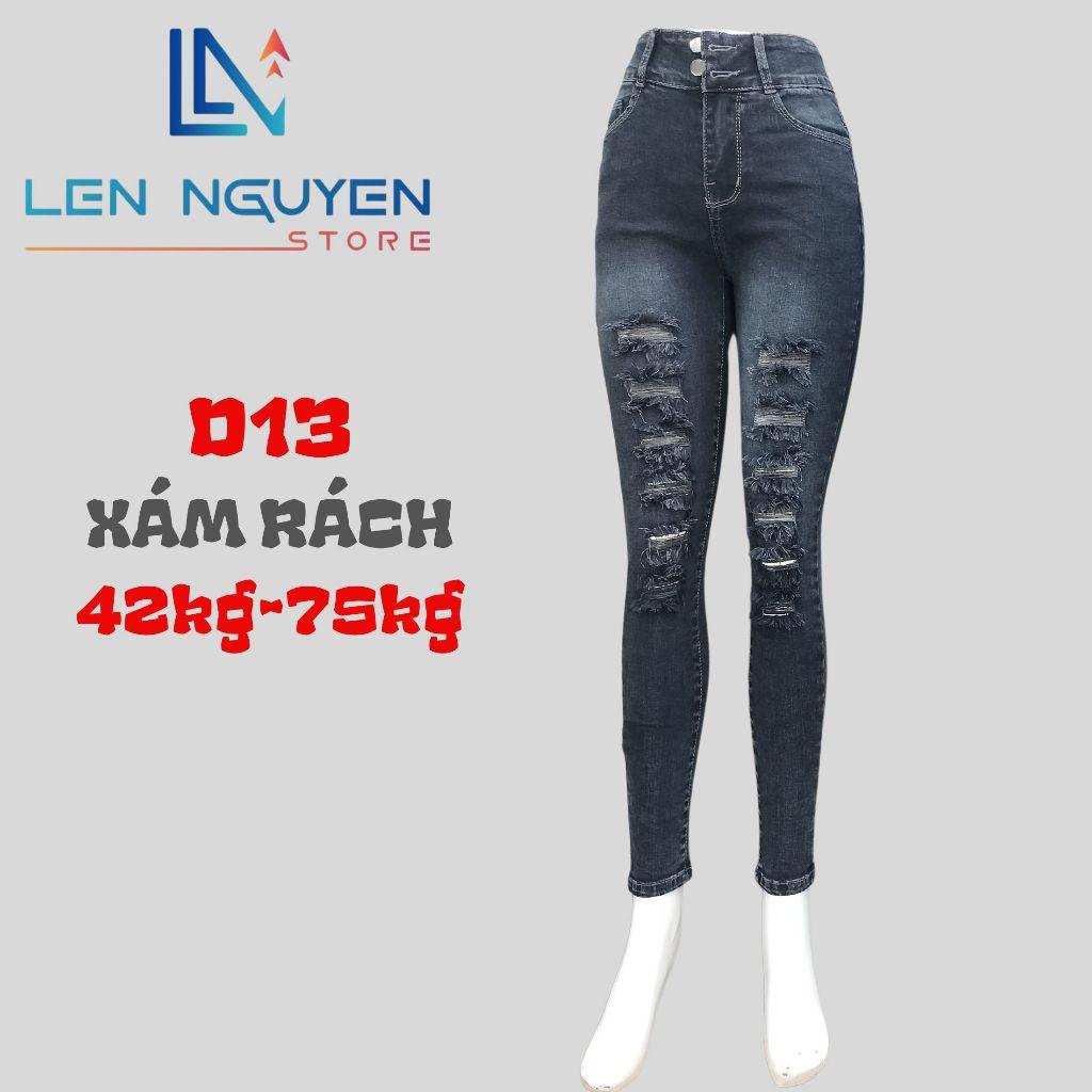 D13_Quần jean nữ, dài, lưng cao, quần bò nữ dáng ôm, quần rin nữ có big size, cho 42kg đến 75kg,LEN NGUYEN STORE - Xám Trơn