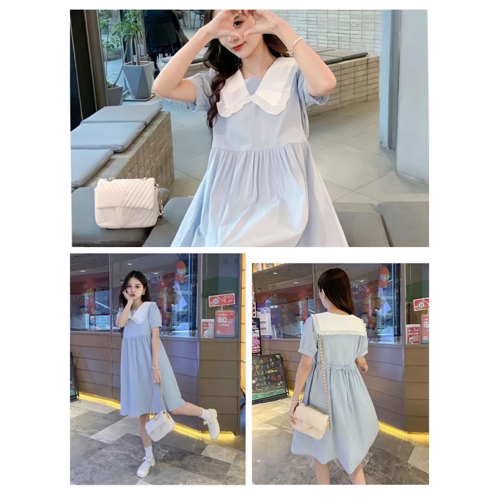 Đầm Nữ Tiểu Thư Xanh Mint Cổ Cổ Sen Phối Màu Cộc Tay Dáng Lỡ