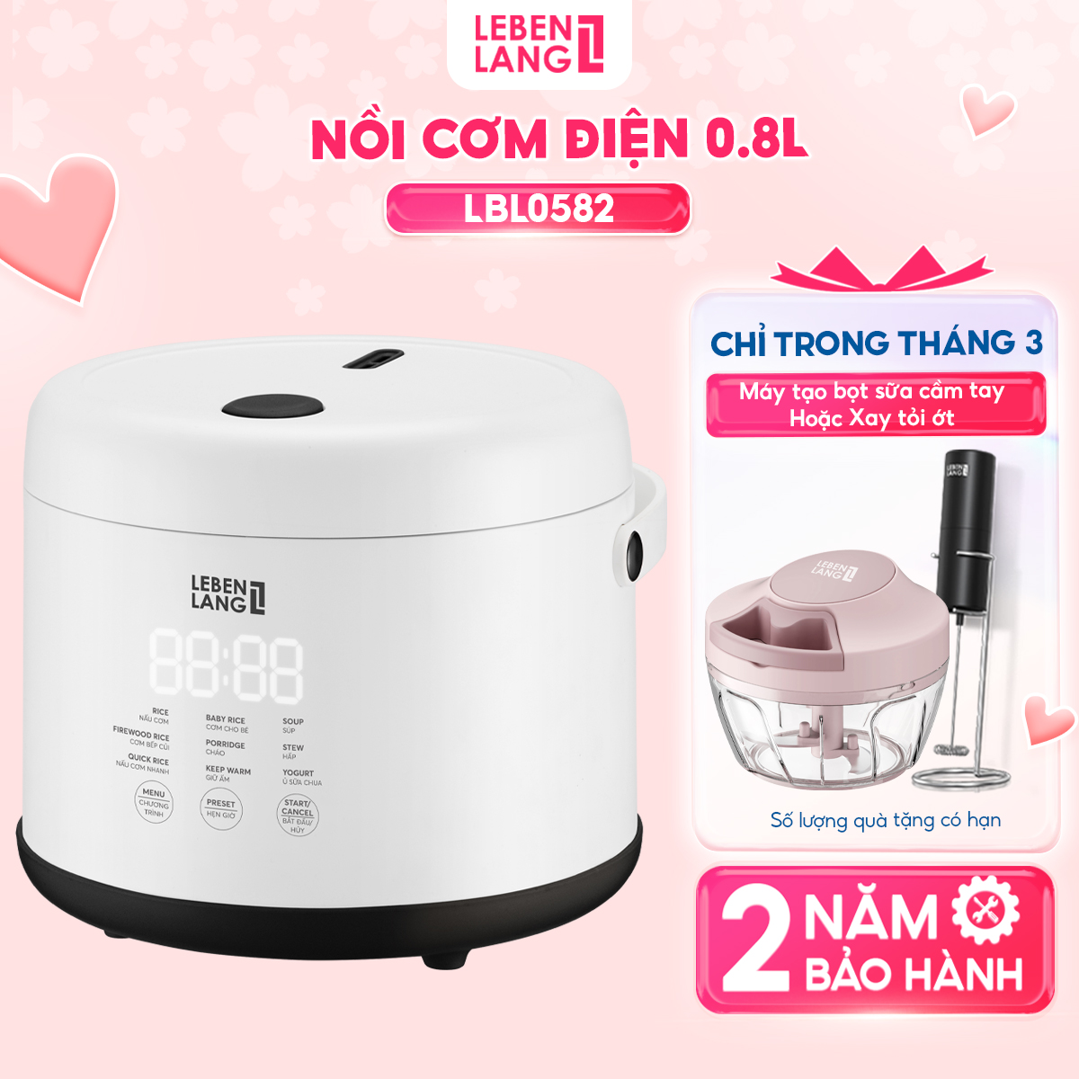 Nồi cơm điện tử mini Lebenlang LBL0582, 800ml, 300W, thiết kế hiện đại, bảo hành 2 năm - hàng chính hãng