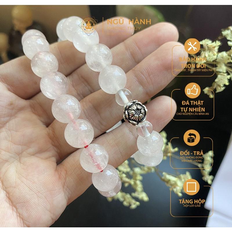 Vòng tay thạch anh hồng mix thạch anh trắng charm bạc hoa sen phong thủy
