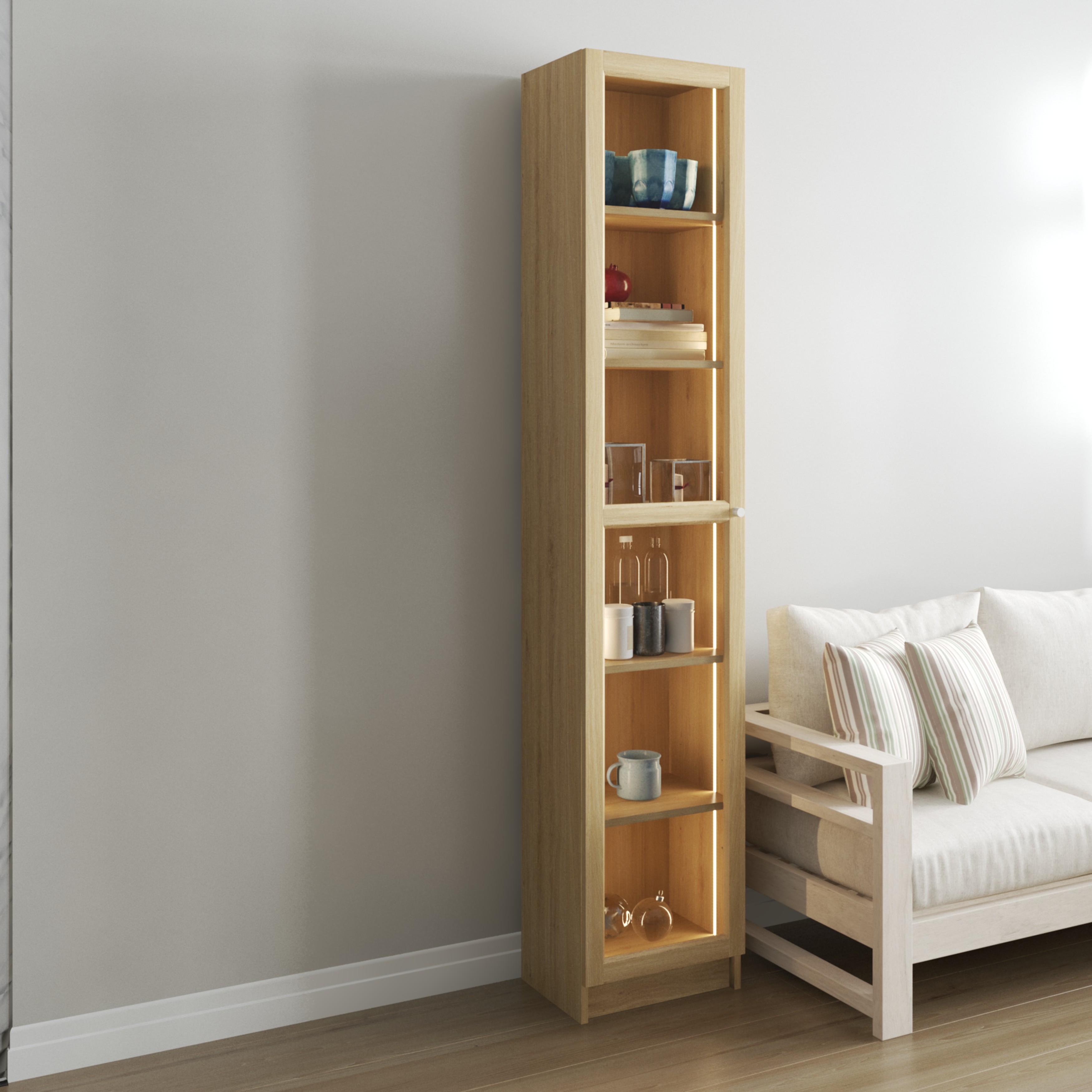 [Happy Home Furniture] CATY, kệ sách 6 tầng cửa kính size nhỏ tích hợp đèn LED, 40cm x 30cm x 202cm (DxRxC), KSA_011_LED