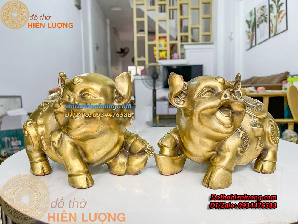 Đôi Tượng Heo Lưng Chữ Phúc - Heo Đắc Phúc Bằng Đồng Kích Thước 21x13x15cm, Nặng 4kg/đôi - Đồ Thờ Hiên Lượng