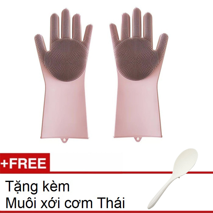 Găng taysilicon rửa bát tạo bọt cao cấp tặng kèm muôi xới cơm Thái - Màu ngẫu nhiên