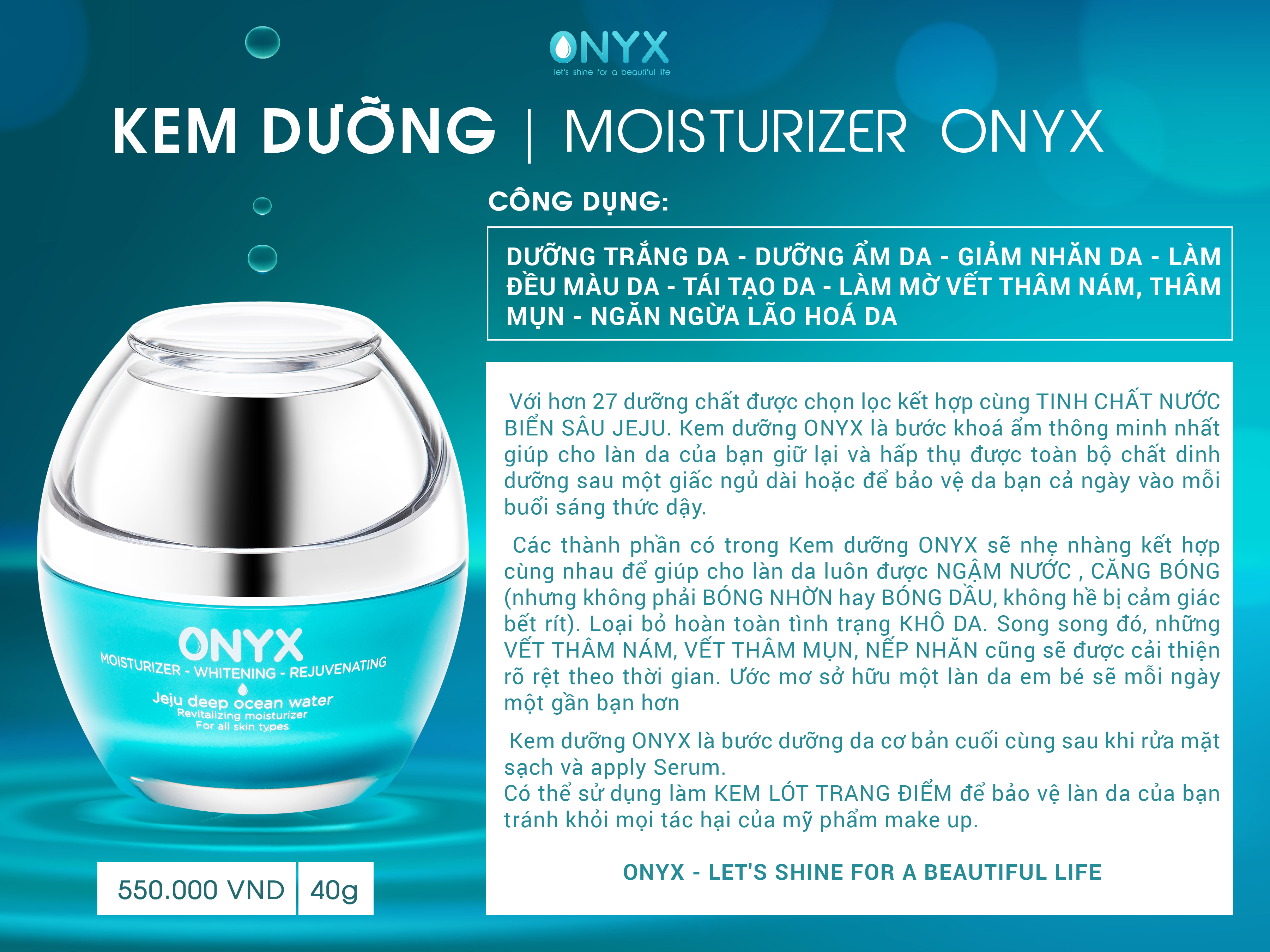 Kem Dưỡng ONYX Dưỡng Ẩm Làm Sáng Và Ngăn Ngừa Lão Hóa Da MOISTURIZER WHITENING REJUVENATING 40ml