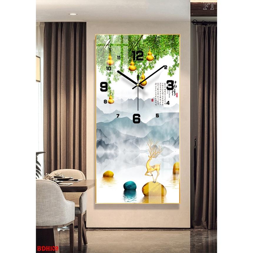 Đồng hồ treo tường hiện đại, tranh tráng gương trang trí nhà cửa phòng làm việc_HƯƠU NAI TÀI LỘC, tranh đồng hồ.