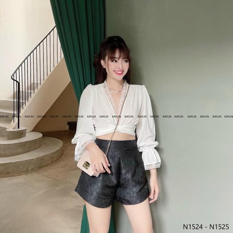 áo cổ v phối ren buộc nơ tay dài sexy