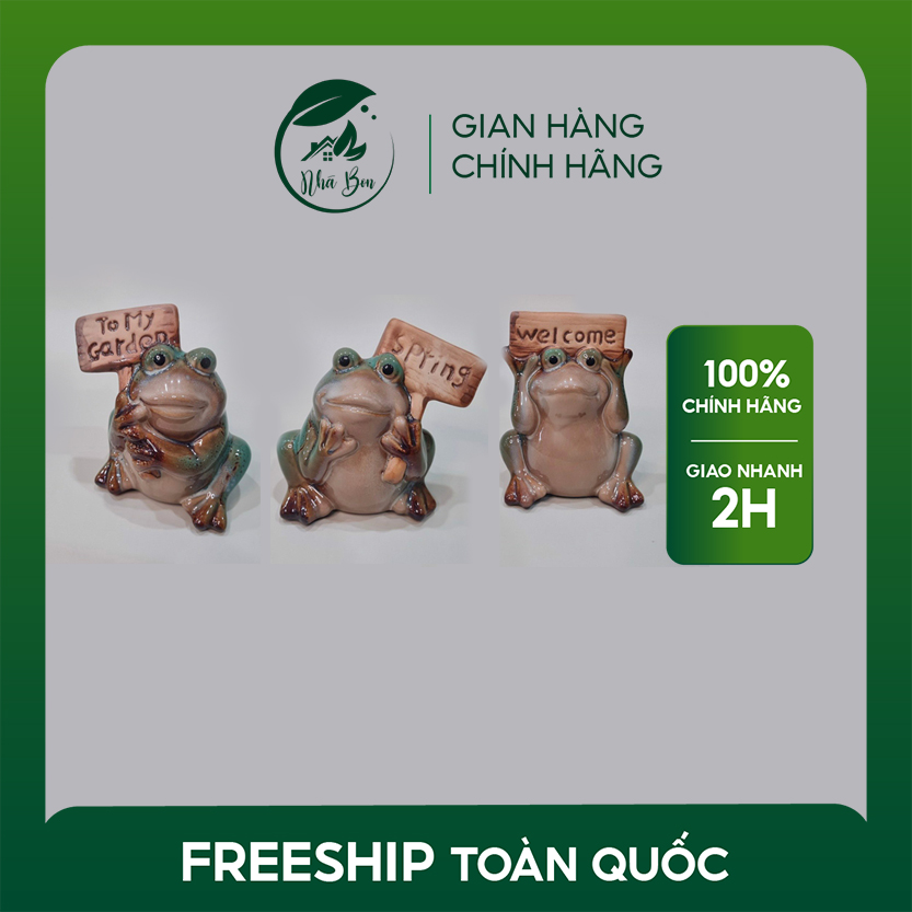 Set 3 Tượng Gốm Hình Ếch Giơ Biển Xinh xắn, Dùng Trang Trí Nhà Cửa