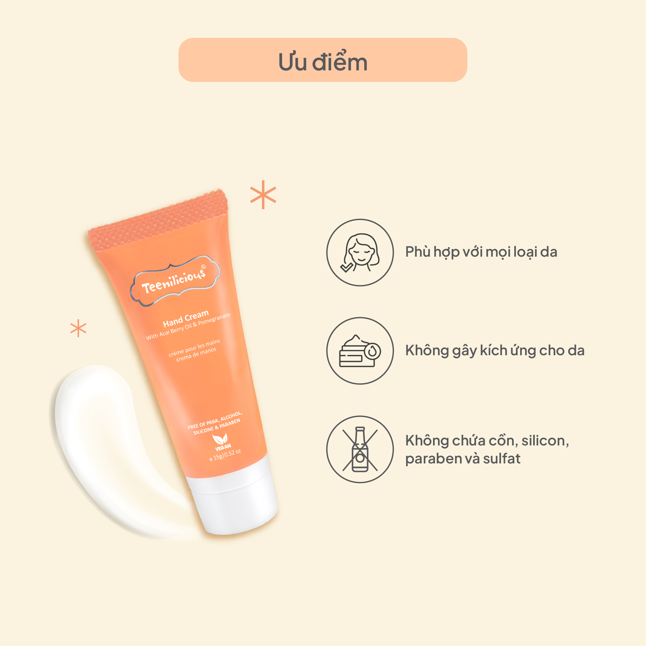 [Mini Size] Kem Dưỡng Da Tay Chiết Xuất Acai Và Lựu Teenilicious Hand Cream With Acai Berry Oil &amp; Pomegranate 15g - Nuôi Dưỡng Và Giữ Ẩm, Dành Cho Da Nhạy Cảm