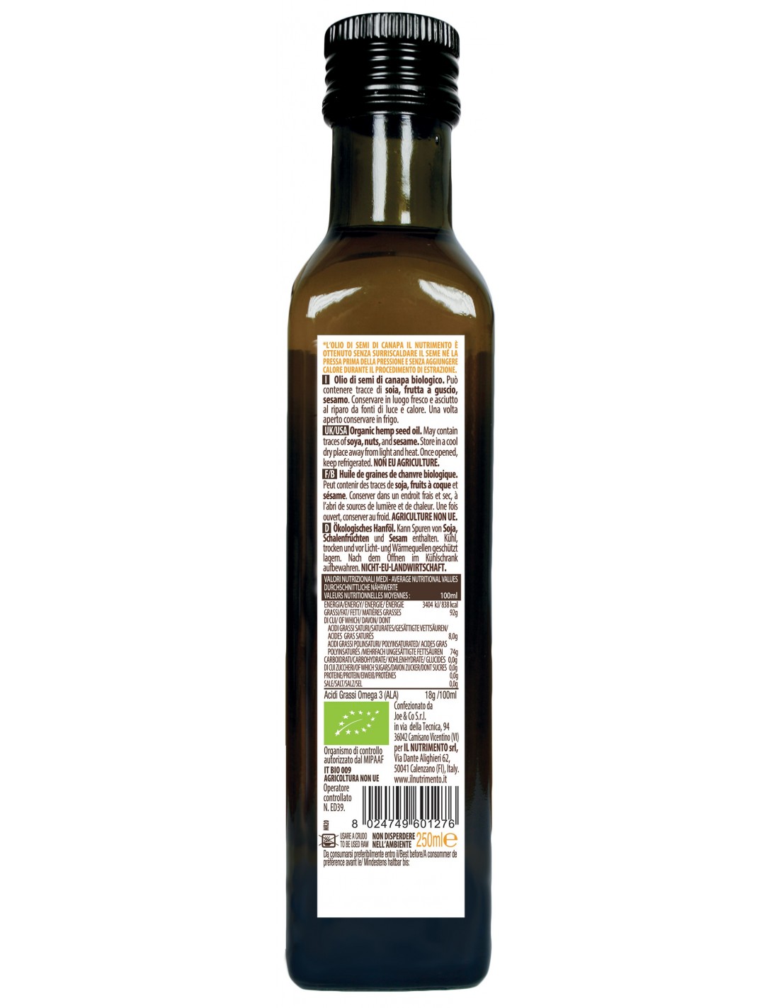 Dầu Hạt Gai Dầu thô hữu cơ 250ml Il Nutrimento Organic Raw Hemp Seed Oil