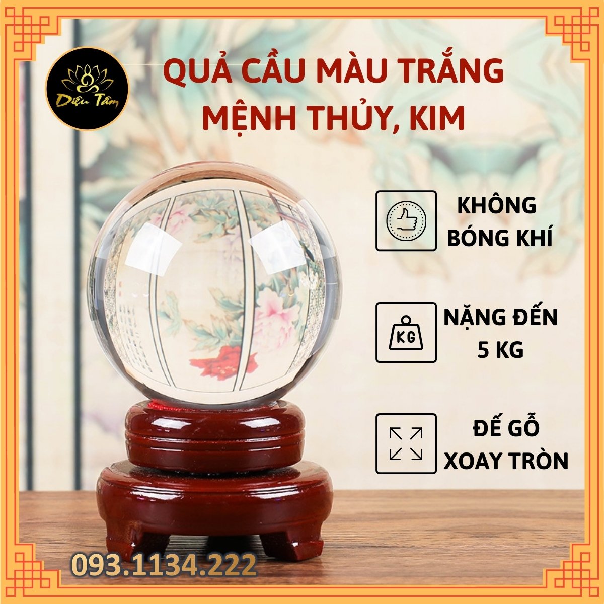 Quả cầu phong thủy pha lê màu trắng size to 15cm hợp mệnh Thủy, mệnh Kim đồ phong thủy trang trí