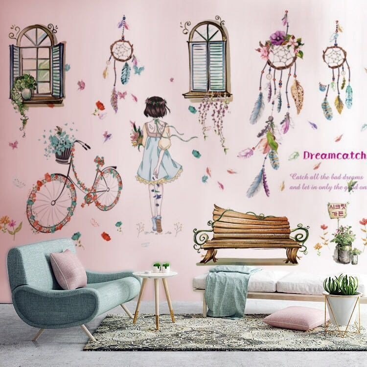 Decal dán tường hoạt hình đáng yêu combo cô gái bên cửa sổ và dreamcatcher