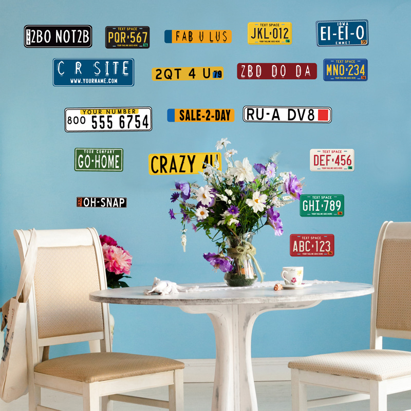 Decal dán tường 3D biển số xe phong cách hiện đại trang trí cà phê, trà sữa đẹp và độc đáo, decan có keo sẵn