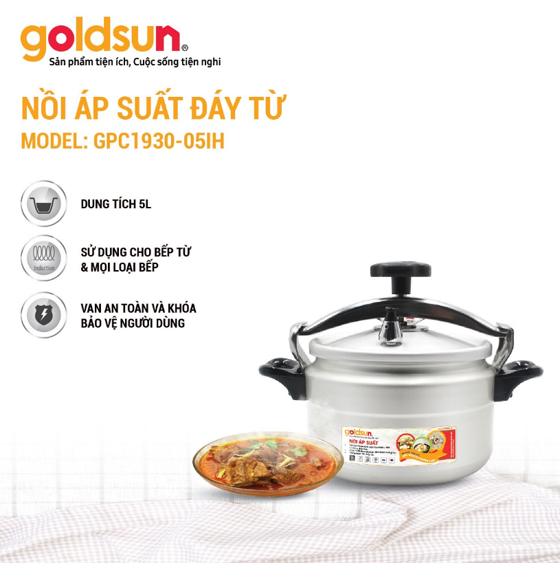 Nồi Áp Suất Nhôm Đáy Từ GOLDSUN GPC1930-05IH Dung Tích 5 Lít Có Van An Toàn - Hàng Chính Hãng