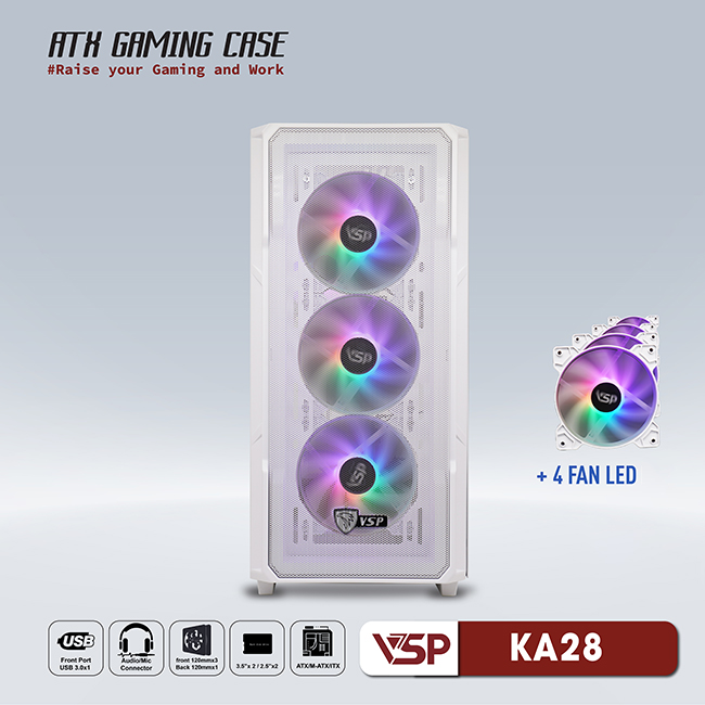 Vỏ máy tính Case VSP KA28 [TRẮNG] sẵn 4 Fan LED ~ Gaming Kính cường lực (ITX, MICRO-ATX, ATX) - Hàng chính hãng TECH VISION phân phối