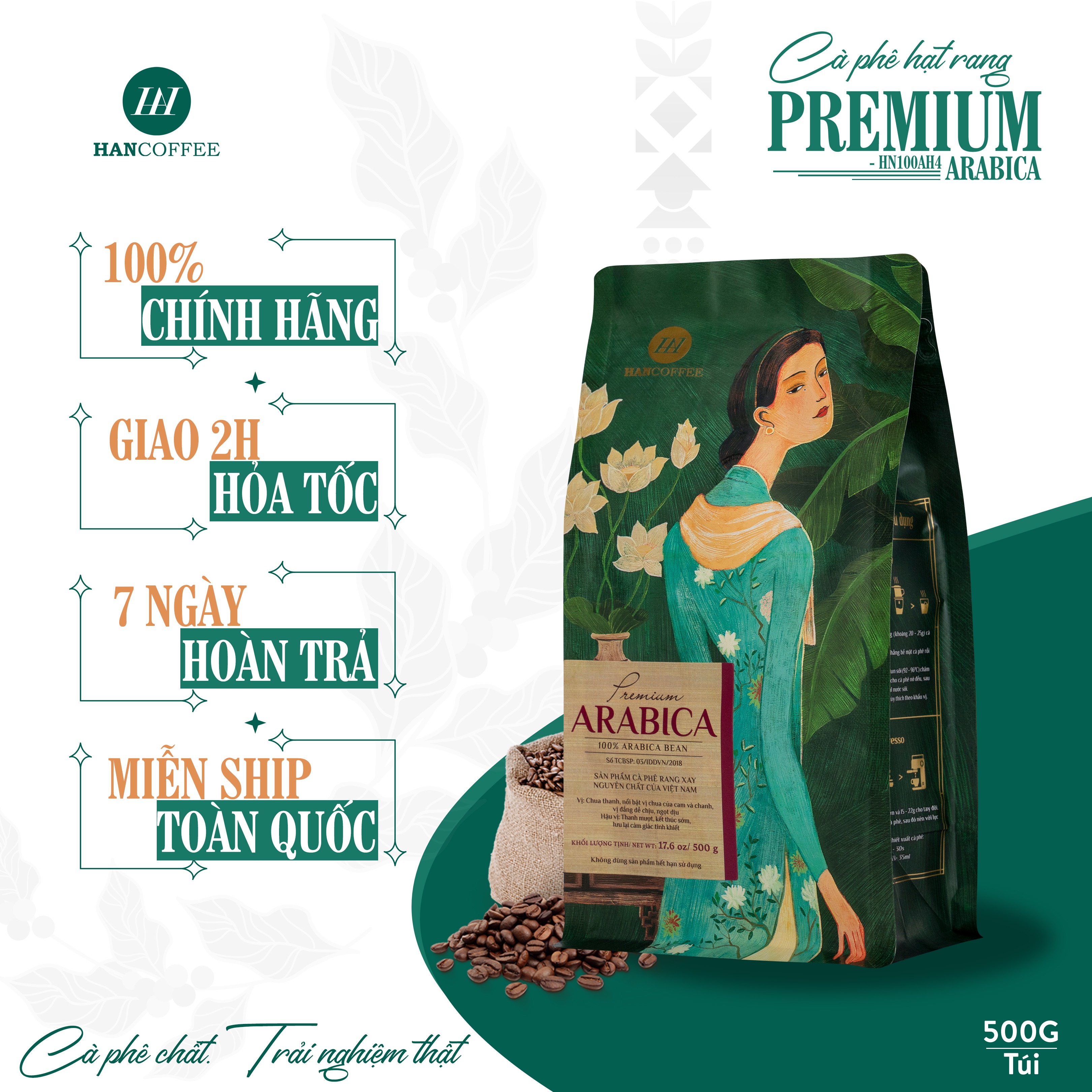 Cà Phê Premium Arabica Rang Mộc 100% HANCOFFEE Đắng Vừa Phải, Chua Nhẹ, Ngọt Dịu Pha Máy 500g