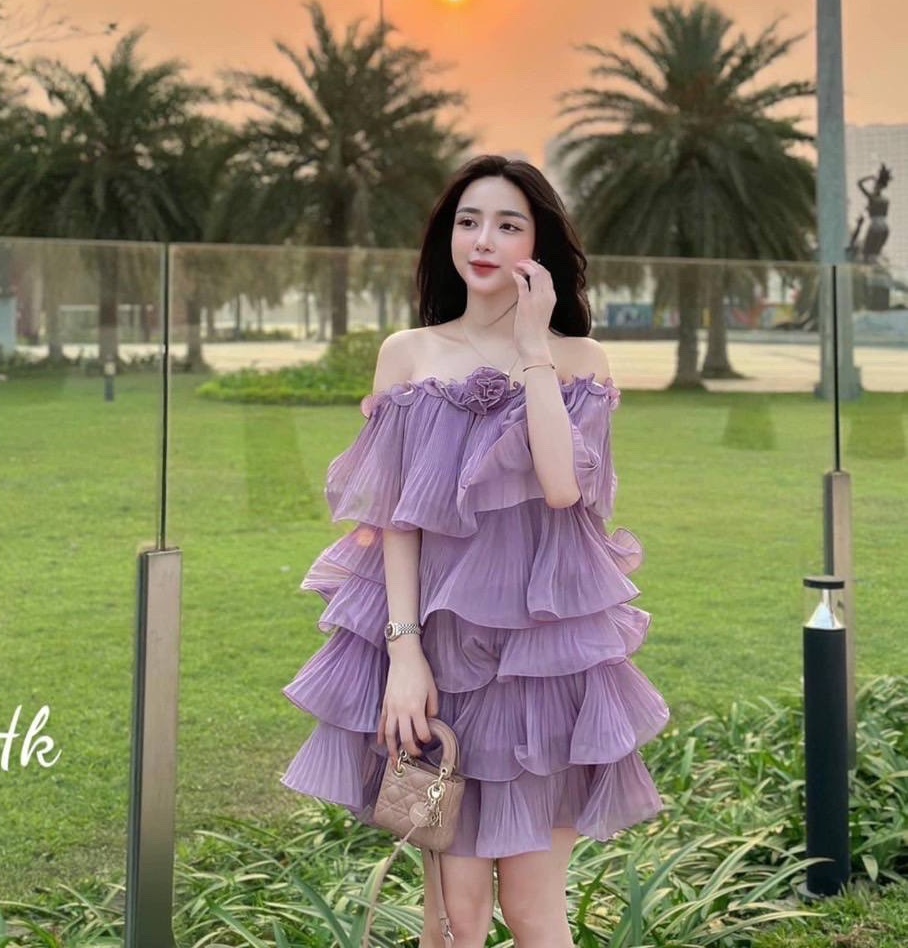 ĐẦM DÂY YẾM TRỄ VAI NGẮN RỘNG SUÔNG TRƠN XẾP LY BÈO TẦNG MÀU PASTEL ĐI BIỂN DỰ TIỆC DẠO PHỐ