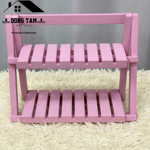 Kệ gỗ mini 2 tầng màu hồng , Sản xuất tại xưởng ĐT, Kệ để bàn làm việc, để sen đá, để vật trưng bày, Chất liệu gỗ thông nhập khẩu, KEMN2T