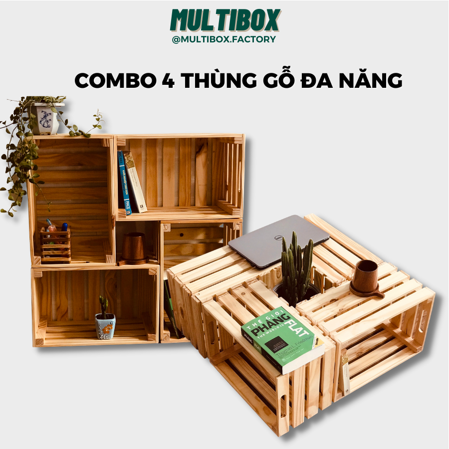 Combo 4 Thùng Gỗ Thông Mỹ Lớn Thiết Kế Lắp Ráp MultiBox Nan Dày Chắc Chắn, Hộp Gỗ Đa Năng Làm Kệ Sách, Bàn Trà