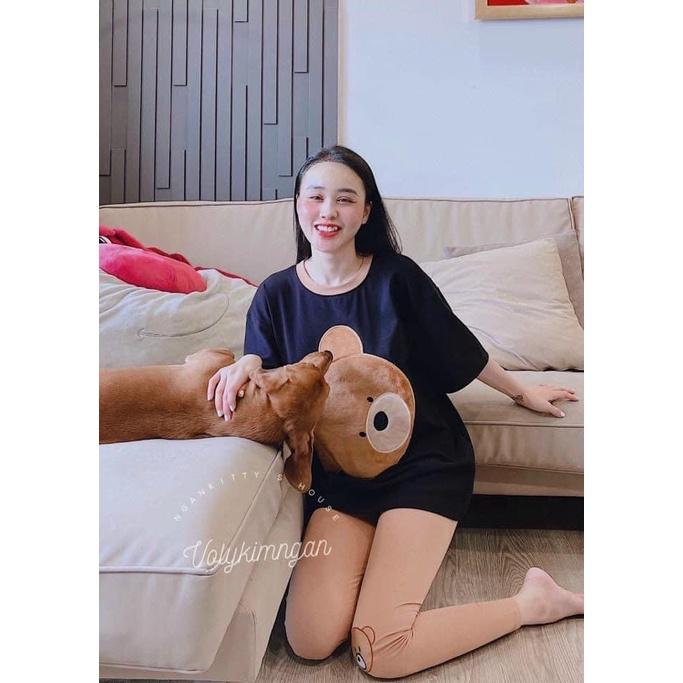 Sét bộ nữ áo thun from rộng ngắn tay in hình gấu dễ thương phối quần dài ôm body siêu tôn dáng thời trang nữ dạo phố