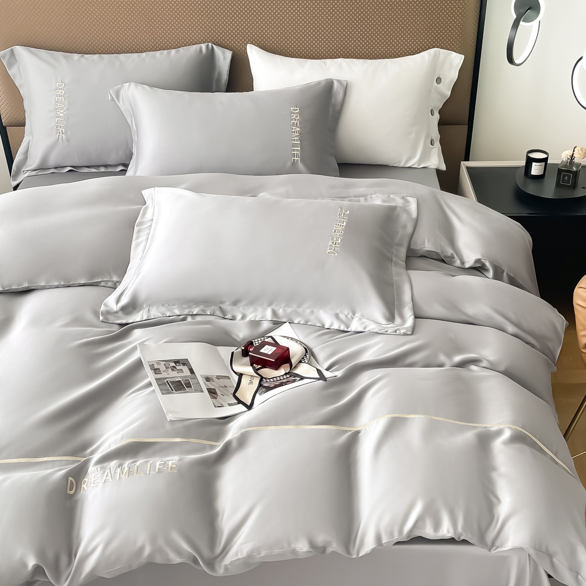 Bộ Chăn Ga Drap Giường Tencel 60s Bộ Chăn Ga Gối Đệm 5 Món Chăn Chần Bông Lụa Nhà Hin Home Bedding
