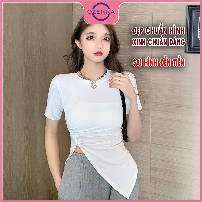 Áo thun croptop sẻ tà tay ngắn cổ tròn nữ, áo crt kiểu Hàn Quốc ôm body màu đen trắng đẹp mặc đi học dưới 50 cân