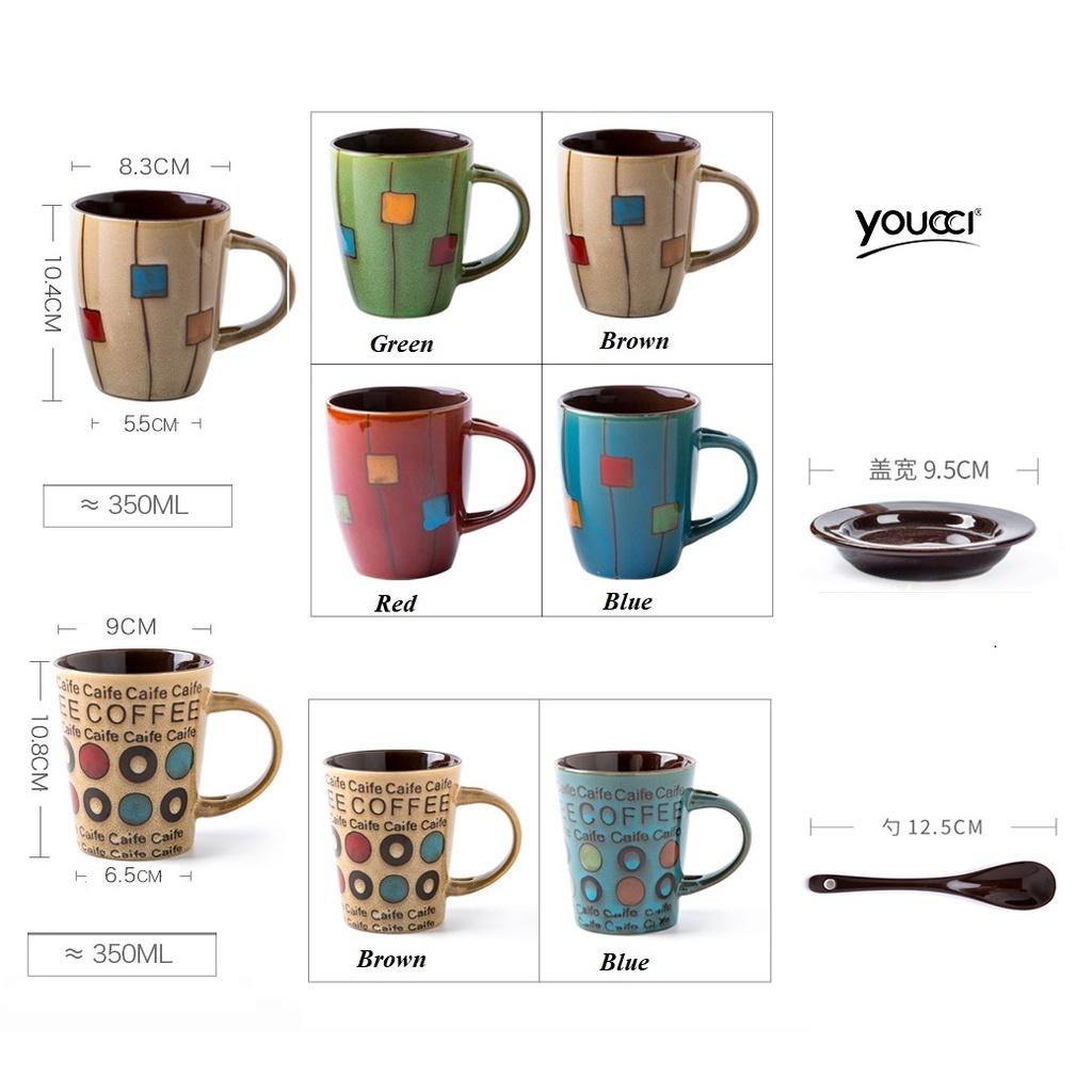 Cốc sứ uống cafe họa tiết ô vuông vintage 350ml kèm nắp và thìa