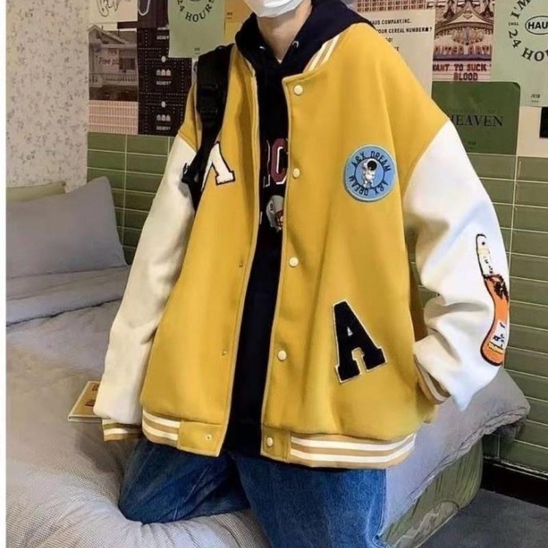 Áo khoác bomber nam nữ chữ M, áo khoác nỉ varsity jacket 2 lớp form rộng phối nút