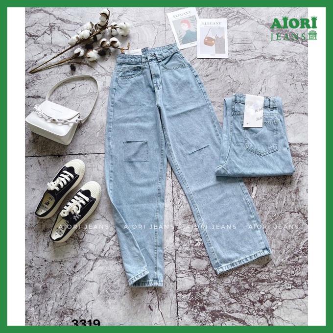 Quần Jeans Nữ, Quần Bò Nữ Aiori Ống Rộng Cạp Cao Rách Kiểu Bò Suông Phong Cách Thời Trang Hàn Quốc_Mã 3319