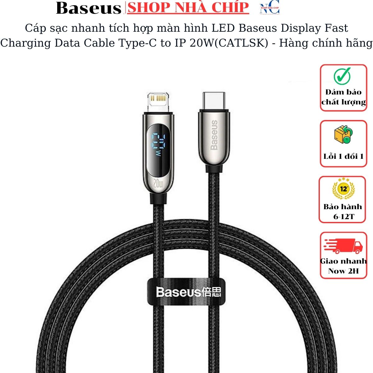 Cáp sạc nhanh tích hợp màn hình LED Baseus Display Fast Charging Data Cable Type-C to IP 20W(CATLSK) - Hàng chính hãng