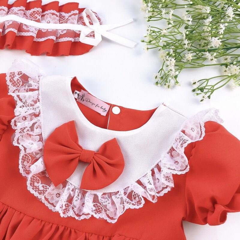 Váy Cô Hầu Đỏ Phối Ren Cho Bé Gái 4 Đến 30kg Chất Đũi Chun Phối Ren