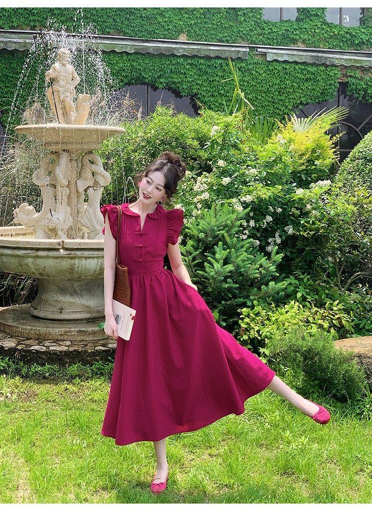 SHUANGYAN Phong cách Pháp phục cổ màu đỏ Tiểu Phi tay áo đầm nữ mùa hè thu eo lộ ra gầy chữ A váy đầm khí chất cao cấp cảm giác váy dài