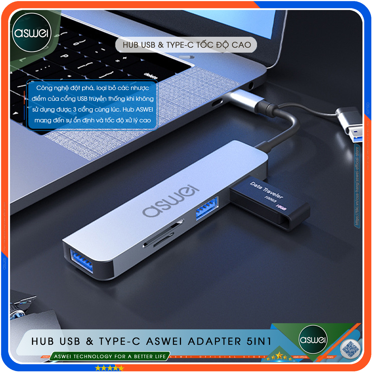 Hub USB 3.0 ASWEI 5 in 1 - Bộ Chia USB Tốc Độ Cao 5 Trong 1 To USB 3.0, Đầu Đọc Thẻ SD TF - Hub Chuyển Đổi USB Type-C Dành Cho Macbook, Laptop, PC, Máy Tính Bảng, Điện Thoại - Hàng Chính Hãng